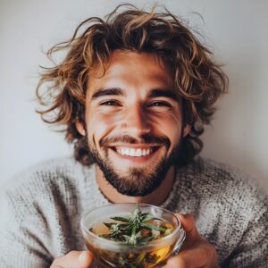 Relaxed smiling person enjoying a warm cup of CBD-infused tea in a cozy setting, promoting calm and wellness for BANTX..